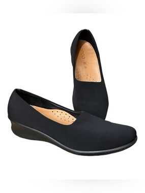 ECCO Felicia Black Slip On Wedge Loafer Women sz 9 Stretch Textile Comfort Shoe